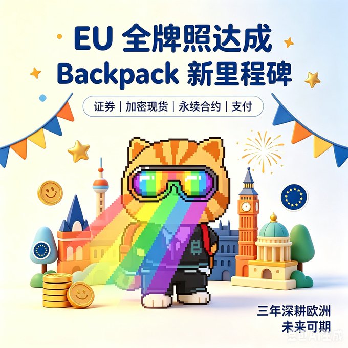 A colorful 3D-illustrated promotional graphic featuring a pixel-art cat character with rainbow laser eyes wearing a backpack, surrounded by European landmarks and Chinese text announcing 'EU 全牌照达成 Backpack 新里程碑' with categories listed as 证券 | 加密现货 | 永续合约 | 支付, and '三年深耕欧洲 未来可期' at the bottom.