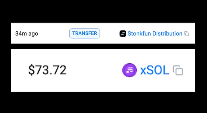 A transaction notification showing a $73.72 TRANSFER of xSOL from Stonkfun Distribution 34 minutes ago, illustrating the recurring token rewards the post describes as generating ~$560/day from a single holding.