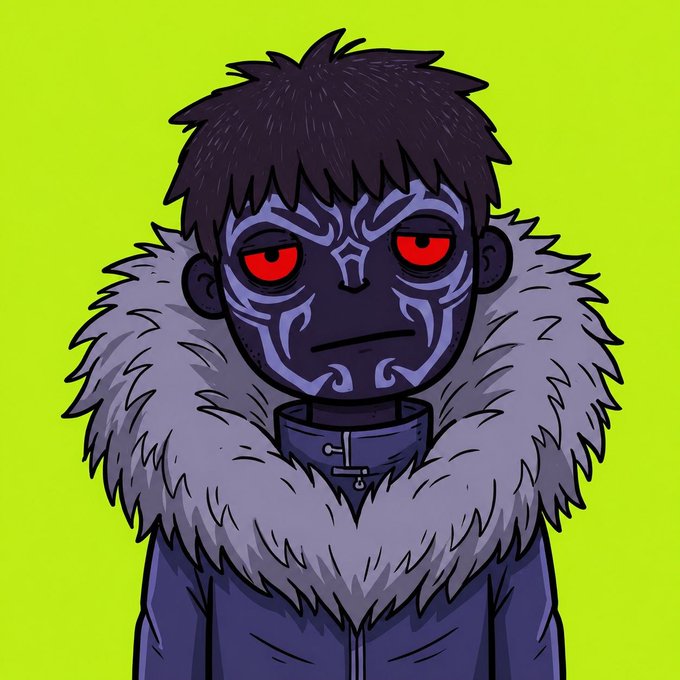 A digital cartoon illustration of a character with dark skin, tribal markings, glowing red eyes, and a fur-collared jacket against a bright green background.