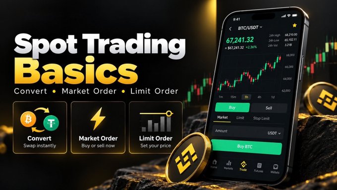 A promotional graphic titled "Spot Trading Basics" showcases a smartphone displaying the BTC/USDT trading pair at $67,241.32 with a 2.36% gain, alongside three feature icons explaining Convert (swap instantly), Market Order (buy or sell now), and Limit Order (set your price). The image visually reinforces the post's message by illustrating the three distinct trading options—Convert, Market order, and Limit order—demonstrating that these seemingly similar functions operate differently on a real trading interface.