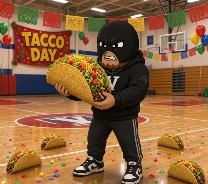 A 3D-animated character in a black ski mask and tracksuit clutches a giant taco in a gymnasium decorated for 'TACCO DAY' with colorful papel picado banners and confetti on the floor.