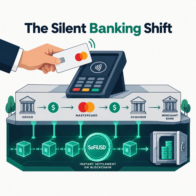An infographic titled 'The Silent Banking Shift' illustrates a contactless Mastercard payment process from issuer to merchant bank, with 'SoFiUSD Instant Settlement on Blockchain' highlighted below.