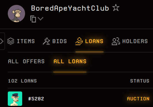 A screenshot of the BoredApeYachtClub profile page showing the "LOANS" tab selected with "ALL LOANS" filter, displaying "102 LOANS" and an auction listing for Bored Ape #5282.