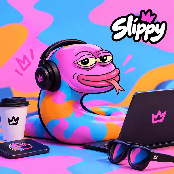 A colorful 3D-style illustration of a pink and blue patterned character wearing headphones and a headset, with its tongue out, surrounded by a coffee cup, laptop, sunglasses, and the text 'Slippy'.