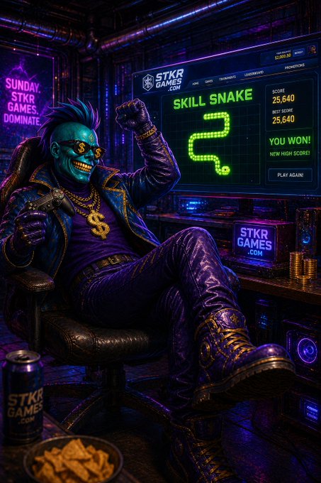 A triumphant cyan-skinned gamer in a leather jacket and dollar-sign glasses raises a fist in victory while seated in front of a glowing "STKR GAMES" monitor displaying "SKILL SNAKE" with a score of 25,640 and "YOU WON! NEW HIGH SCORE." The neon-lit cyberpunk setup, complete with a "SUNDAY STKR GAMES DOMINATE" poster and energy drink cans, captures the celebratory late-night gaming session on stkrgames.com referenced in the post, fueling excitement for tomorrow's $STKR.