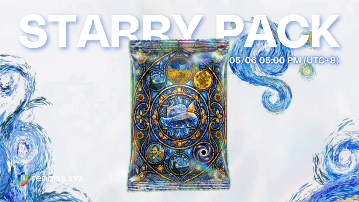 The image features a Starry Pack, which has a blue cover with a painting of stars and planets. The text "Starry Pack" is written above the cover, and there are two clocks visible in the background - one showing 8:00 PM and another at 6:05 PM. The post also mentions that this pack contains Van Gogh-inspired collectibles and that it's available for testing on Friday.