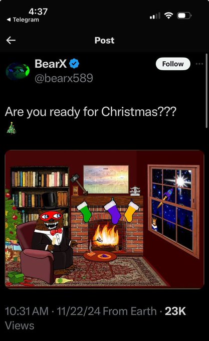 A Telegram post from BearX (@bearx589) dated 11/22/24 asking "Are you ready for Christmas???" featuring an illustrated meme of a demonic figure beside a fireplace with stockings, at 23K views.