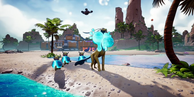 A vibrant, colorful video game scene shows a fantastical creature with glowing blue bubbles on a sandy beach, alongside small robotic characters and a futuristic vehicle. The image ties to the post by previewing the visual quality of the @playaneemate game showcase, ahead of deeper insights into $QORPO's gameplay and economy.