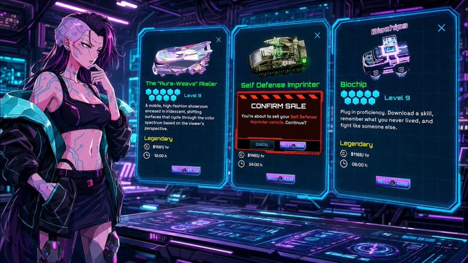The image shows a woman standing next to a computer screen displaying three different options or choices, possibly related to a video game or some other digital content. The woman appears to be contemplating her decision among these options. The background of the image features neon lights, which could indicate that she is in a gaming environment or an interactive display.