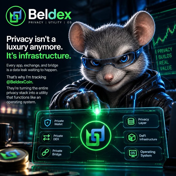 A promotional image for 'Beldex' cryptocurrency featuring a cat in futuristic goggles, with text stating 'Privacy isn't a luxury anymore. It's infrastructure.'