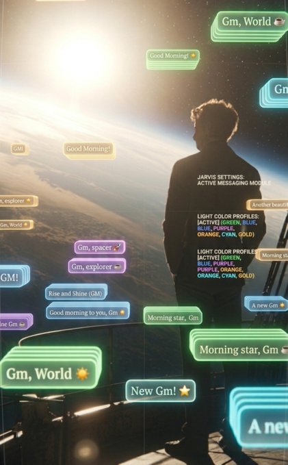 The image shows a man silhouetted against a sunrise overlooking Earth from what appears to be a space station or elevated viewpoint, surrounded by numerous glowing "Good Morning" chat messages with text variations like "Morning star, Gm," "Rise and Shine," and "GM!" Along with a "JARVIS SETTINGS" panel listing color options (green, blue, purple, orange, cyan, gold), the scene reflects an optimistic, forward-looking vibe — though it doesn't visually connect to the post about satUSD being usable via Melon Cash for real-world purchases.