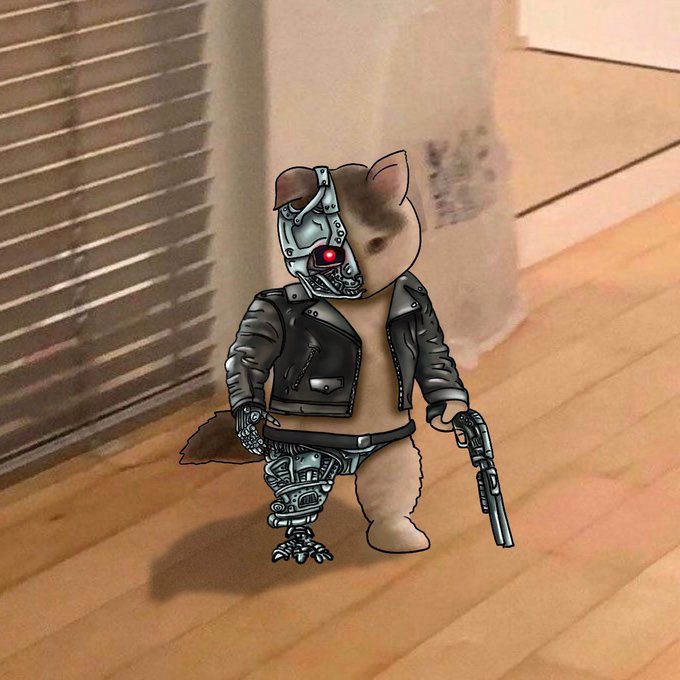 A chibi-style cat with a cybernetic Terminator-like half-face and mechanical leg stands on a wooden floor holding a pistol, captioned "michinator." as a playful mashup of "cat" and the iconic cyborg.