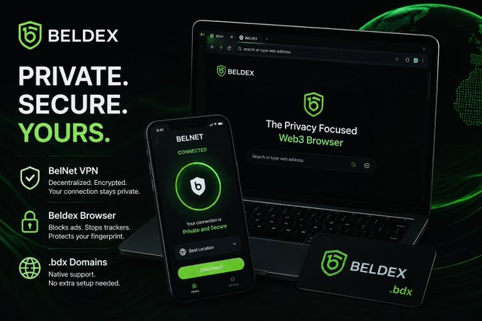 Promotional graphic for BELDEX, a privacy-focused Web3 browser, featuring a phone showing 'BELNET CONNECTED' and listing features like BelNet VPN, Beldex Browser, and .bdx Domains.