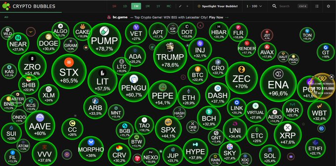 A screenshot of the 'Crypto Bubbles' interactive chart showing cryptocurrency tickers including PUMP, DOGE, NEAR, XLM, VET, ADA, TRUMP, BTC, XRP, and many others, each displayed in green bubbles with their percentage price changes.