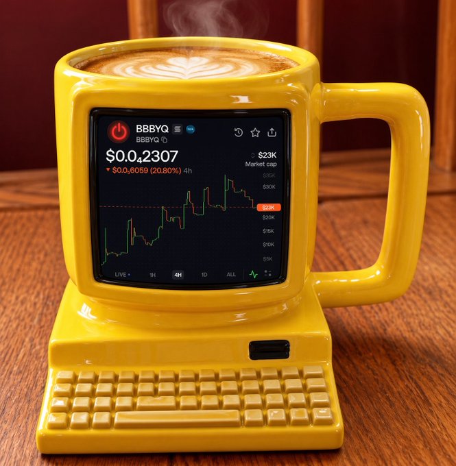 A yellow ceramic mug with an attached keyboard base and a built-in screen displays a stock chart for "BBBYQ" priced at "$0.2307," with latte art visible at the top.