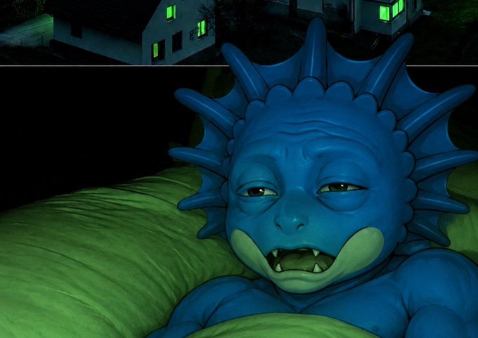 A blue, spiky-headed monster character lies in bed with glowing green eyes under a dark, moody sky.