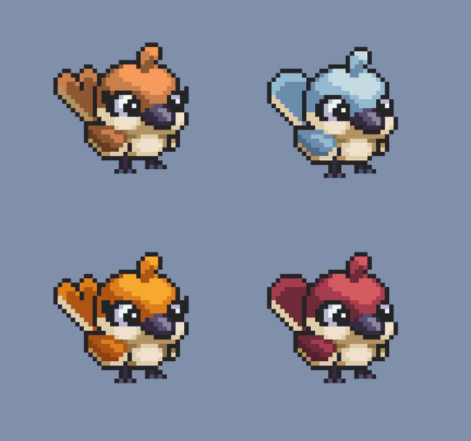 Four pixel-art bird-like creatures are arranged in a 2x2 grid on a blue background, each shown in different color variants (brown, blue, orange, and red).

The image relates to the post by showcasing the variety of Genesis Monster NFT characters available for trading on the Ronin Marketplace in the Yakkamon collection.