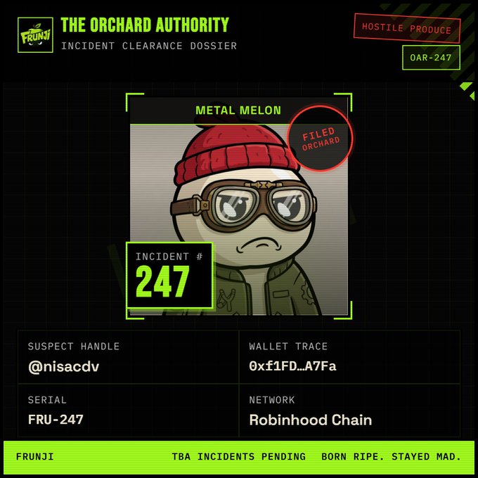 An 'Orchard Authority Incident Clearance Dossier' for 'METAL MELON' with incident #247, suspect handle '@nisacdv', wallet trace '0xf1FD…A7Fa', serial 'FRU-247', on the 'Robinhood Chain' network, tagged 'HOSTILE PRODUCE' and 'FILED ORCHARD' with a cartoon melon in a beanie.