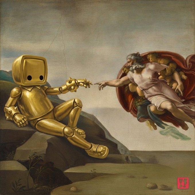 A golden robot reaches out to touch the finger of a classical God figure, recreating Michelangelo's "The Creation of Adam," with a red "W" watermark in the corner. The image cleverly merges Renaissance art with NFT branding, presenting the "golden omen" character as a futuristic Adam receiving creation from the divine hand of the gods.