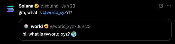 A tweet from @solana asking "gm, what is @world_xyz??" with a reply from @world_xyz humorously asking the same question about themselves, mocking Solana's lack of clarity around the project. The image illustrates the absurdity of Solana repeatedly hyping new "Hyperliquid killers" like Drift, Phoenix, and now World.xyz, supporting the poster's cynical take that $SOL is heading to $5 while $HYPE rallies.