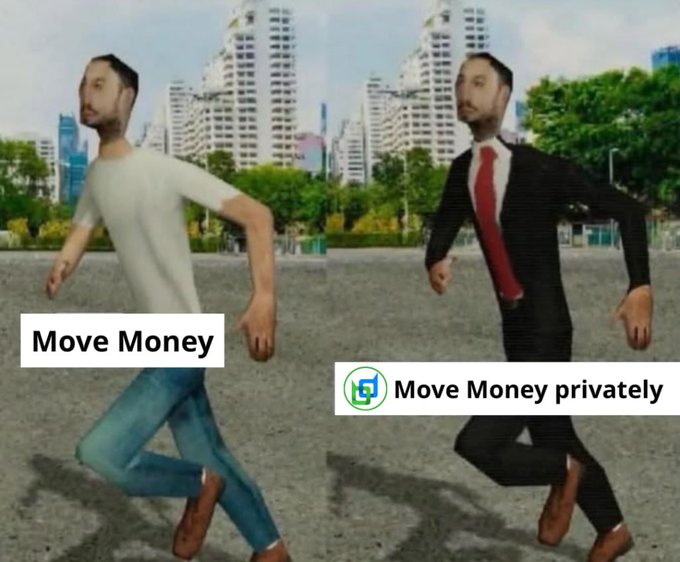 A side-by-side meme image shows a man in casual clothes labeled 'Move Money' next to the same man in a suit labeled 'Move Money privately' with a logo, parodying the 'moving on up' TV show animation.
