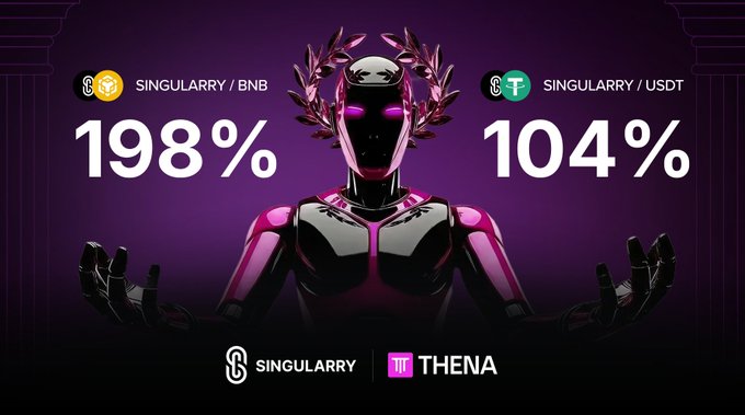 The image features a robot with a purple body, arms, and legs standing against a purple background. The robot has a crown on its head and a banner that says "Singularary/BNB" above it. Below the robot, there is text that reads "Closing the week with strong SINGULARRY LP rewards on @ThenaFi SINGULARRY/BNB: ~198% APR SINGULARRY/USDT: ~104% APR Put your $SINGULARRY into productive liquidity Incentives remain active across both pools Choose your strategy: earn THE or earn trading fees". The robot is positioned in the center of the image, with the text and banner surrounding it.