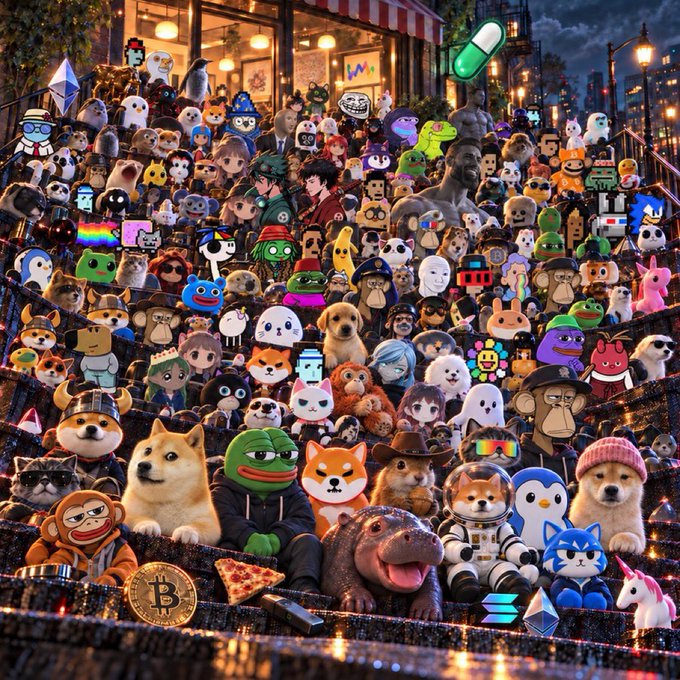 A bustling crowd of internet meme characters, animals, and iconic figures—including Shiba Inus, a Pepe frog, and a Bitcoin—gather on city steps, playfully referencing the countless viral memecoins they represent.
