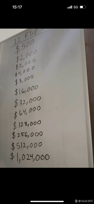 A handwritten whiteboard or paper showing '11 Flip' prize amounts doubling each line, starting at $500 and ending at $1,024,000, with a phone status bar visible at the top.