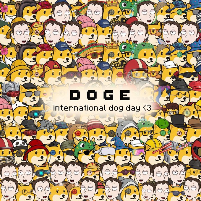 A vibrant collage of cartoon-style Doge (Shiba Inu) characters in various costumes, hats, and personas, with a pixelated text overlay reading "DOGE international dog day <3," celebrating the International Dog Day tribute to the DogeOS meme community.