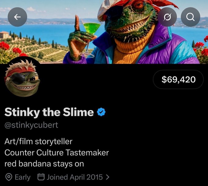 A CryptoPunk-style profile for "Stinky the Slime" (@stinkycubert), verified, with $69,420 displayed, described as "Art/film storyteller / Counter Culture Tastemaker / red bandana stays on," joined April 2015.