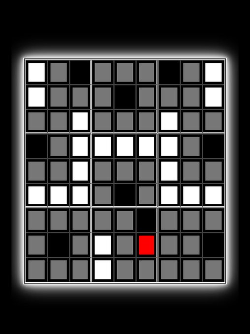 A 9x9 grid puzzle featuring black, white, and gray squares with a single highlighted red square, representing the NFT "Cursed Realm"—an interactive, touch- and sound-enabled generative code piece minted on objkt.com for 50 XTZ.