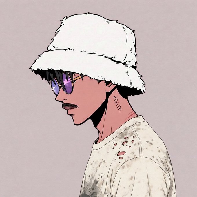 An anime-style profile illustration of a person wearing a white fuzzy bucket hat, purple-tinted sunglasses, and a stained, speckled white shirt, with a small neck tattoo.