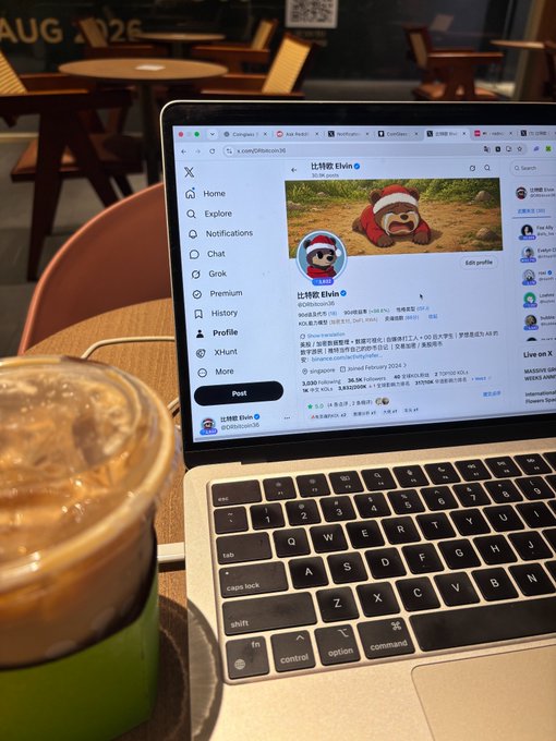 A laptop on a café table displays the X (Twitter) profile of 比熊软 Elvin (@DBBoSouv36), featuring a bear avatar, alongside an iced coffee drink in the foreground.