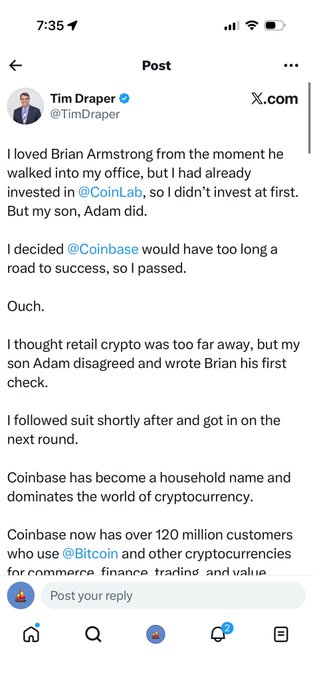 A screenshot of a X post from Tim Draper (@TimDraper) where he recounts how he initially passed on investing in Coinbase due to concerns about its long road to success, but eventually invested after his son Adam convinced him, noting Coinbase now has over 120 million customers. The accompanying post accuses someone of using this older Draper post to falsely promote their own coin project, exposing them as a scammer piggybacking on Draper's credibility.