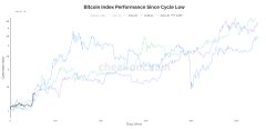 A line chart titled 'Bitcoin Index Performance since Cycle Low' displaying multiple colored trend lines over time.