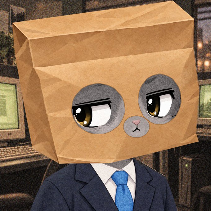 An illustration of a figure in a dark suit and blue tie with a brown paper bag over their head, featuring cutouts for cartoonish cat-like eyes and a small pink nose.