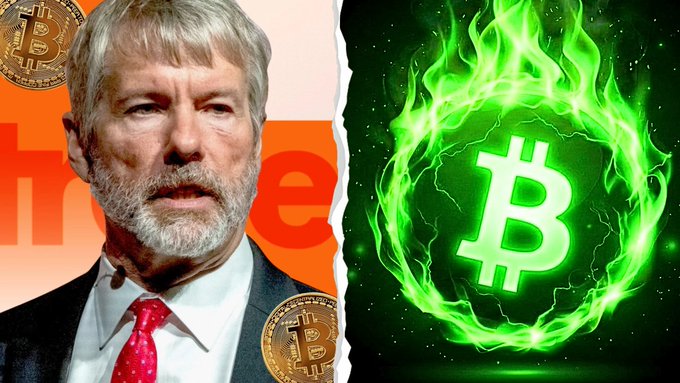 A split image shows Michael Saylor on the left in front of an orange background with Bitcoin logos, and a glowing green Bitcoin symbol surrounded by green flames on the right.