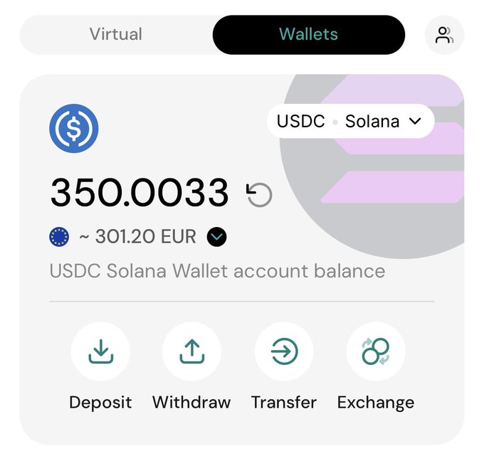 A screenshot of the NummusWallet app showing a USDC Solana wallet with a balance of 350.0033 (~$301.20 EUR), featuring Deposit, Withdraw, Transfer, and Exchange options. The image illustrates the poster's claim of receiving $350 via NummusWallet.