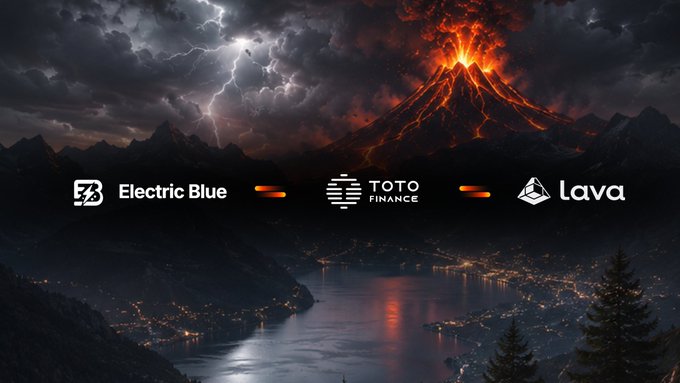 A dramatic landscape of an erupting volcano and lightning storm frames logos for Electric Blue, Toto Finance, and Lava, highlighting Toto Finance's partnership within the Lava Tokenization Sandbox alongside CardanoCF to tokenize over 45,000 assets across five chains.