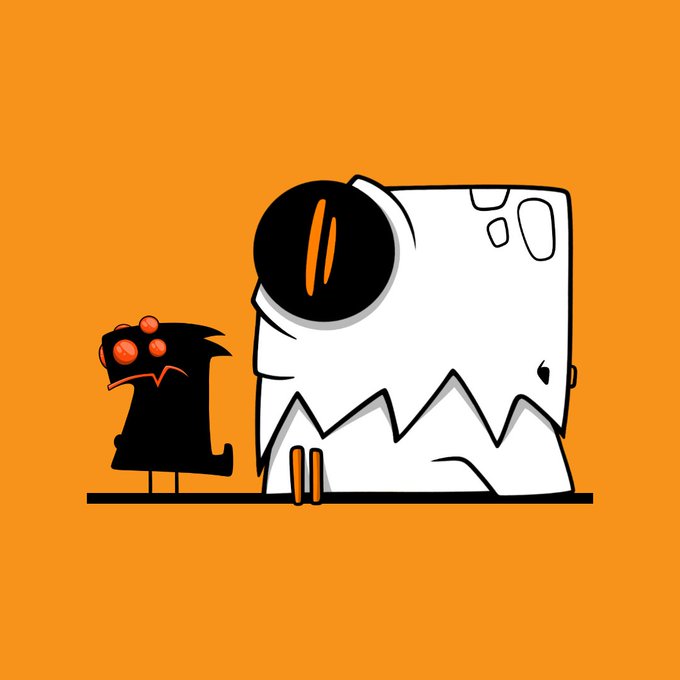 A minimalist cartoon illustration shows a small black creature with red eyes next to a larger white creature with a single large eye, set against an orange background.