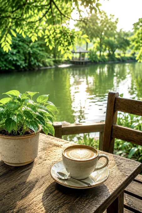 A cappuccino with latte art sits on a saucer on a rustic wooden table beside a potted basil plant, with a tranquil pond and a small gazebo surrounded by lush greenery in the background.