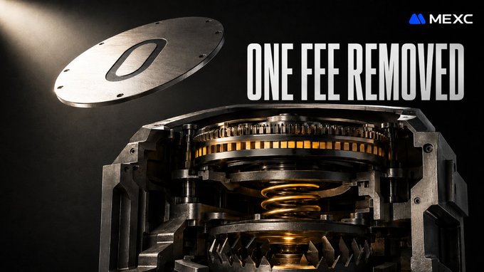 A promotional image for MEXC features a metallic mechanical gear assembly with a floating panel displaying the number "0," alongside the bold text "ONE FEE REMOVED." The post emphasizes that while "Zero Fee" headlines like this one are useful, they don't capture the full cost picture for leveraged products like MEXC Stock Futures, where trading fees are only one component of the overall position expenses.