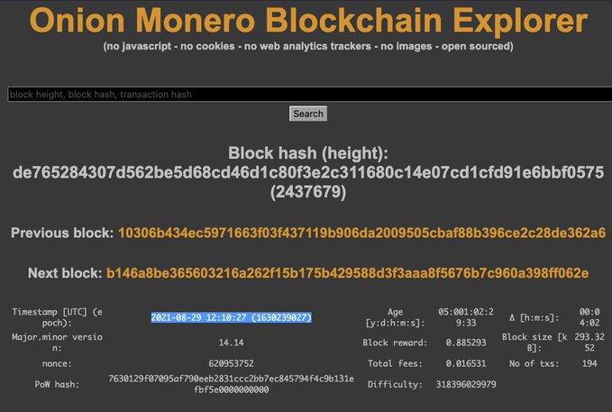 An Onion Monero Blockchain Explorer page displaying details for block hash ending in f0575 at height 2437679, timestamped 2021-08-29.