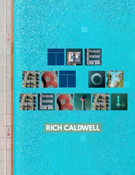 A creative image with a textured turquoise background featuring a grid of small graphic thumbnails and a label reading 'RICH CALDWELL'.