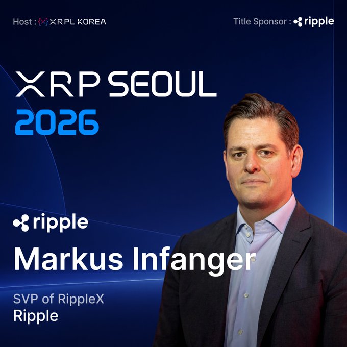 A promotional graphic for 'XRP SEOUL 2026', hosted by XRPL KOREA with Ripple as the title sponsor. It features a photo of Markus Infanger, SVP of RippleX at Ripple.