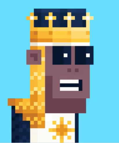 A pixel art illustration of a dark-skinned character wearing a golden crown, sunglasses, and an ornate gold collar against a light blue background.
