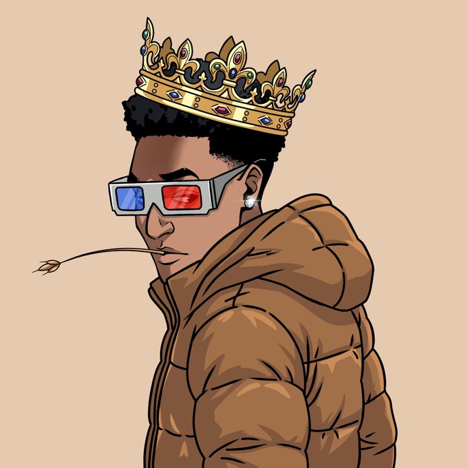 An illustrated cartoon-style portrait of a young man wearing 3D glasses (red/blue lenses), a gold crown with jewels, and a brown puffer jacket, with an arrow piercing through his cheek against a tan background.
