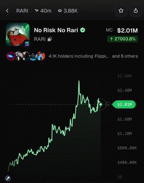 The image shows the $RARI token "No Risk No Rari" chart with a market cap of $2.01M, displaying a 27003.8% gain, which aligns with the post claiming the token recently reached $2.6M market cap shortly after launch, illustrating its rapid price surge paired with tokenized Ferrari stock.