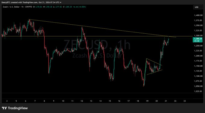 A TradingView Zcash/USD 1-hour chart shows candlesticks, moving-average or trend lines, and a watermark reading “ZEC/USD, 1h” and “Zcash / U.S. Dollar.”