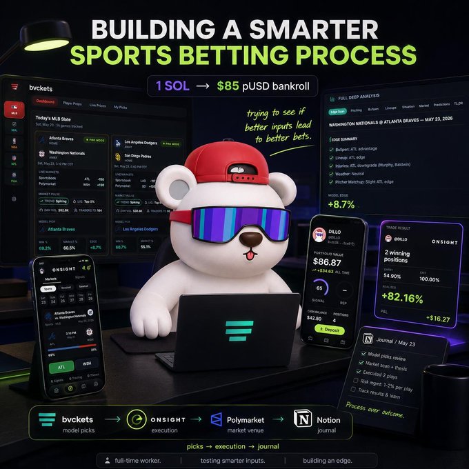 urna3d 3D rendering of a white teddy bear, wearing red and blue sunglasses, using a laptop with a green screen displaying sports betting data.